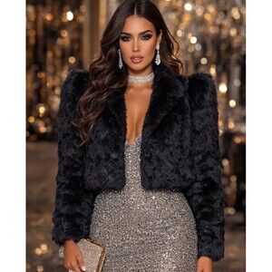 Vtg Black Rabbit Fur Cropped Coat Size L Glam Mob Wife Old Money Dyed